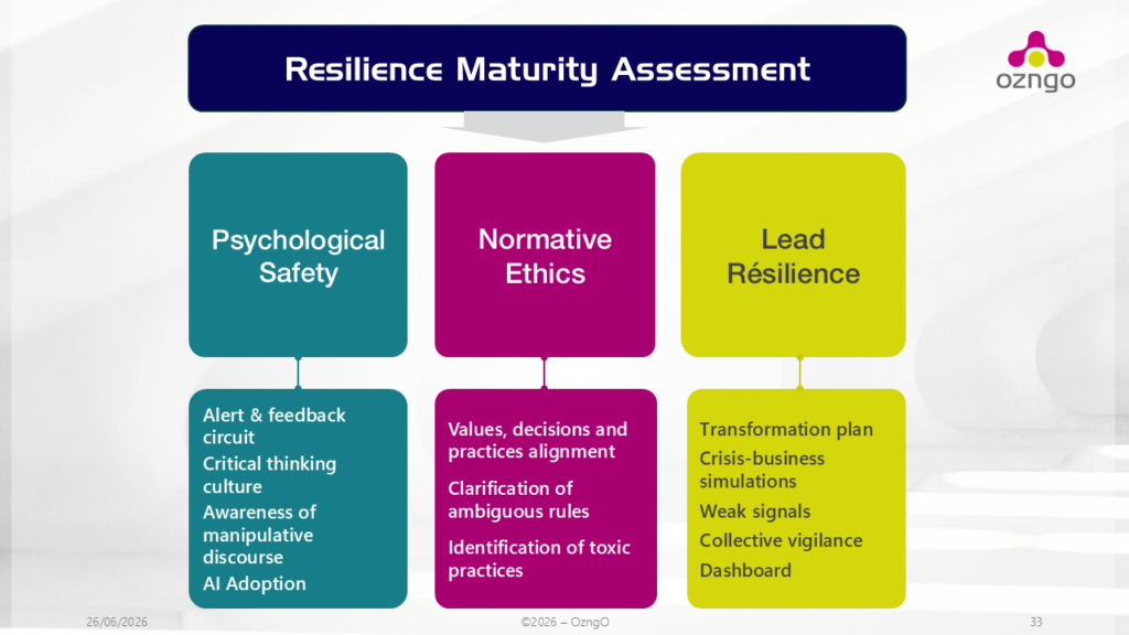 Resilience maturity covers psychological safety, AI adoption, normative ethics and resilience lead including weak signals and collective vigilance